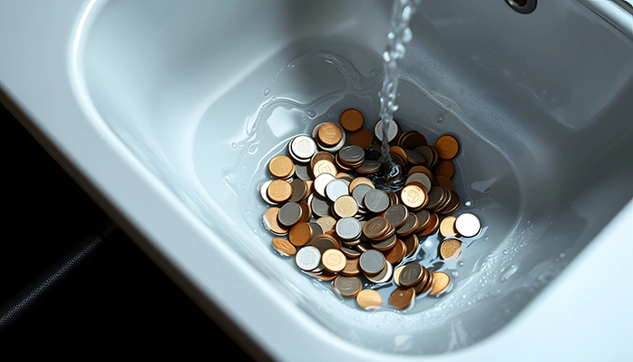 Coins in sink symbolizing high water bills.