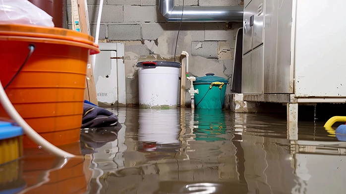 A flooded basement with a failed sump pump causing standing water. Common household items and appliances are partially submerged in the water.