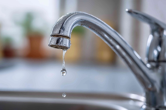 Close-up of a shiny stainless steel kitchen sink faucet with water droplets falling, modern indoor kitchen with blurred background and natural daylight.