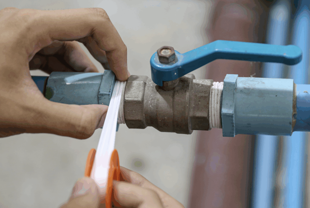 Hand applying teflon tape between two blue outdoor plumbing pipes