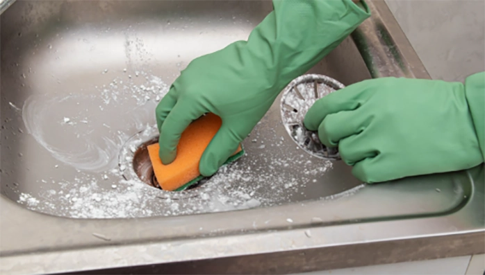 Hand with green gloves cleaning stainless-steel kitchen sink with orange sponge.