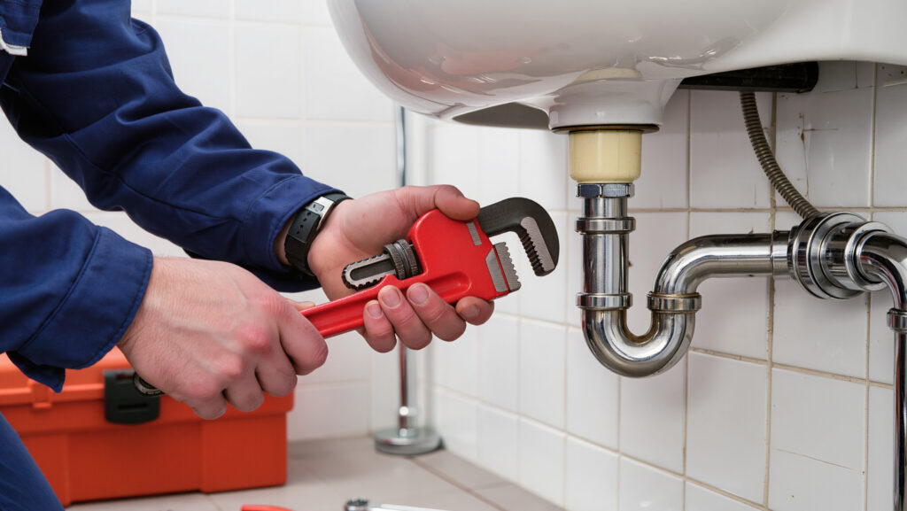 Plumber fixing a P-trap under a sink with a red wrench.