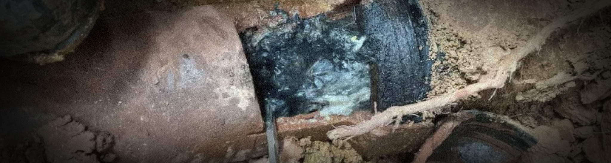 Construction hand tools, plumbing pipes on rustic wooden table. broken main sewer line