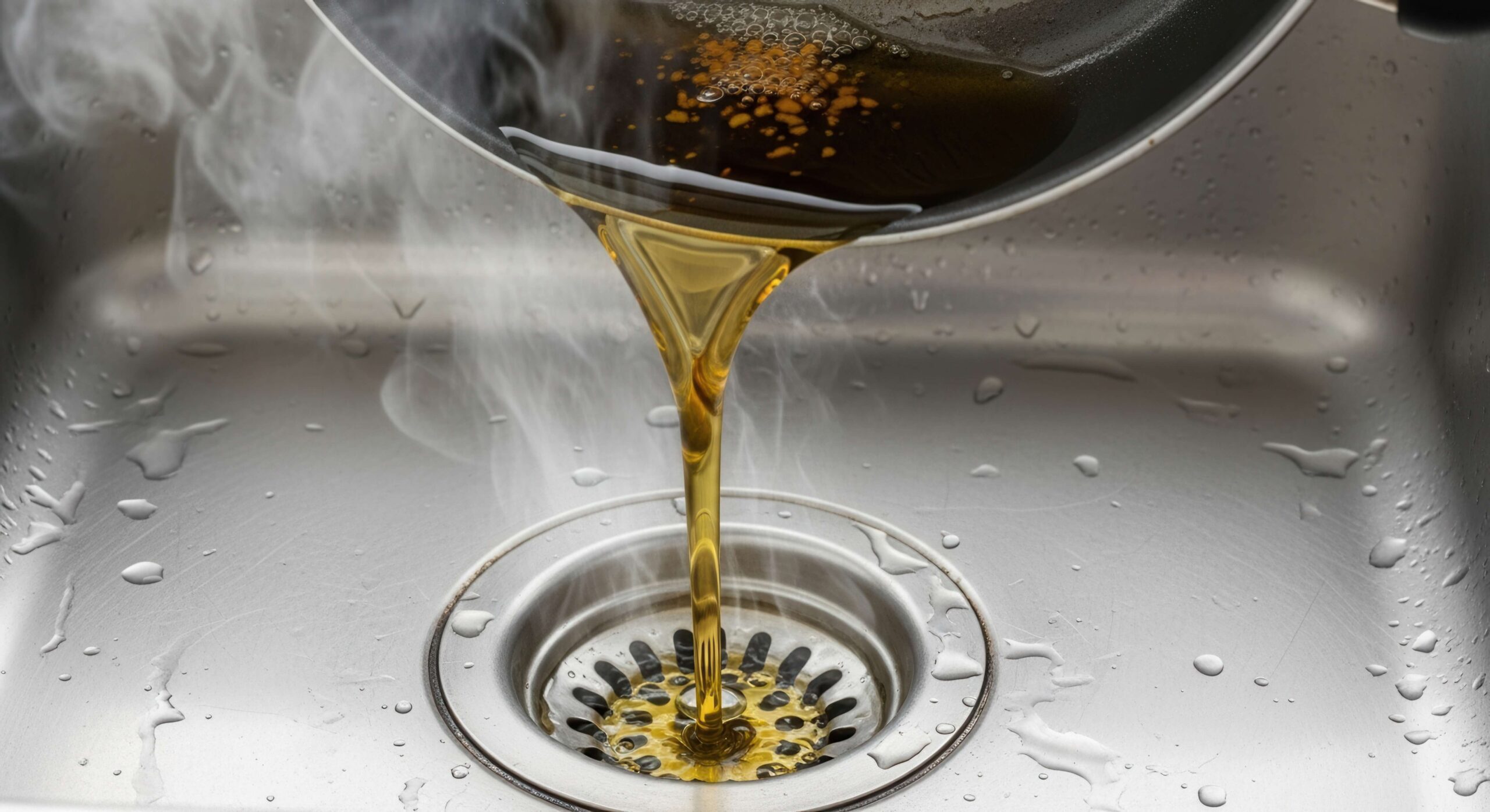 Frying pan pouring grease down a kitchen sink drain.
