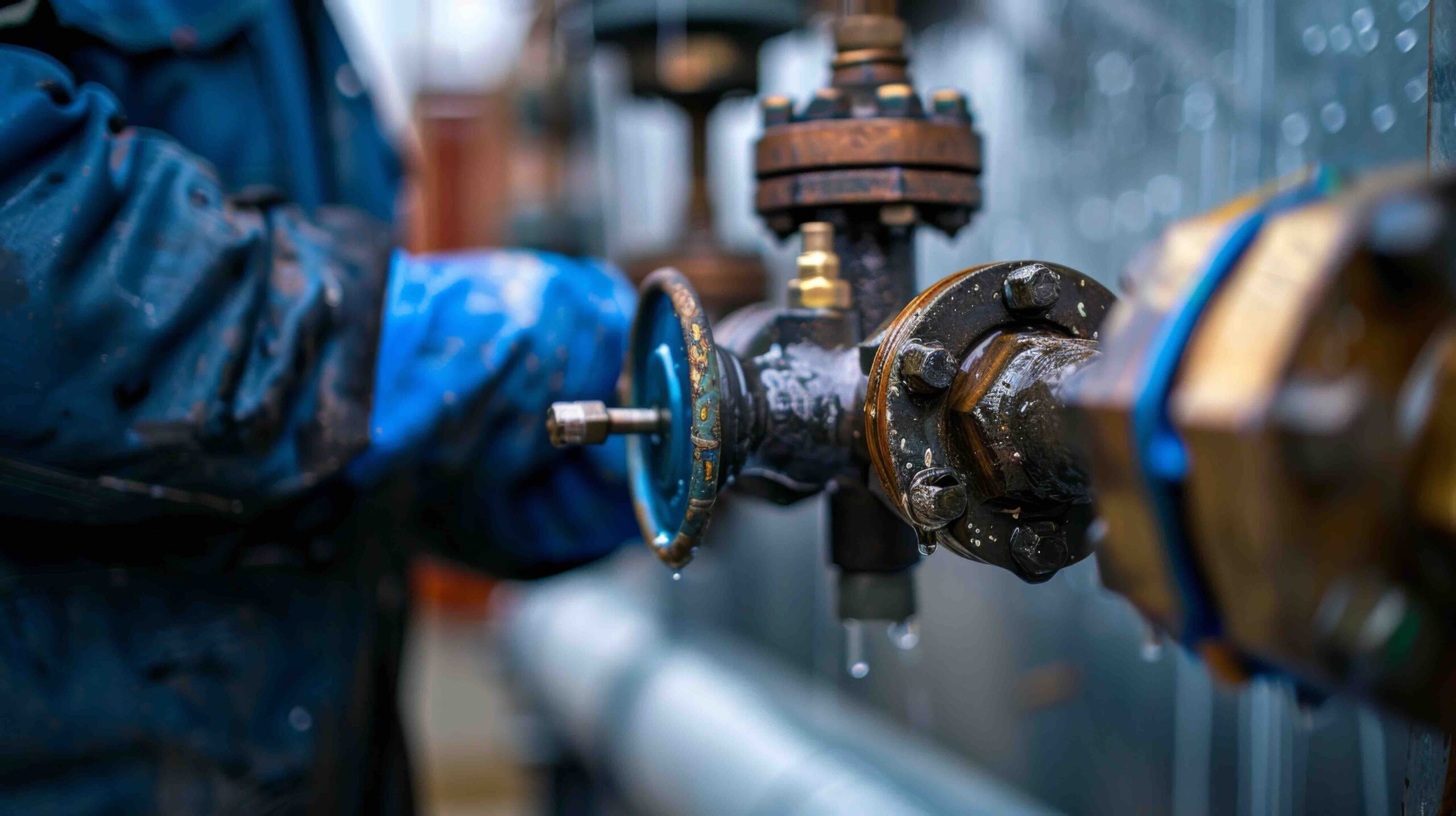A plumber conducting a backflow prevention test at a municipal water system.