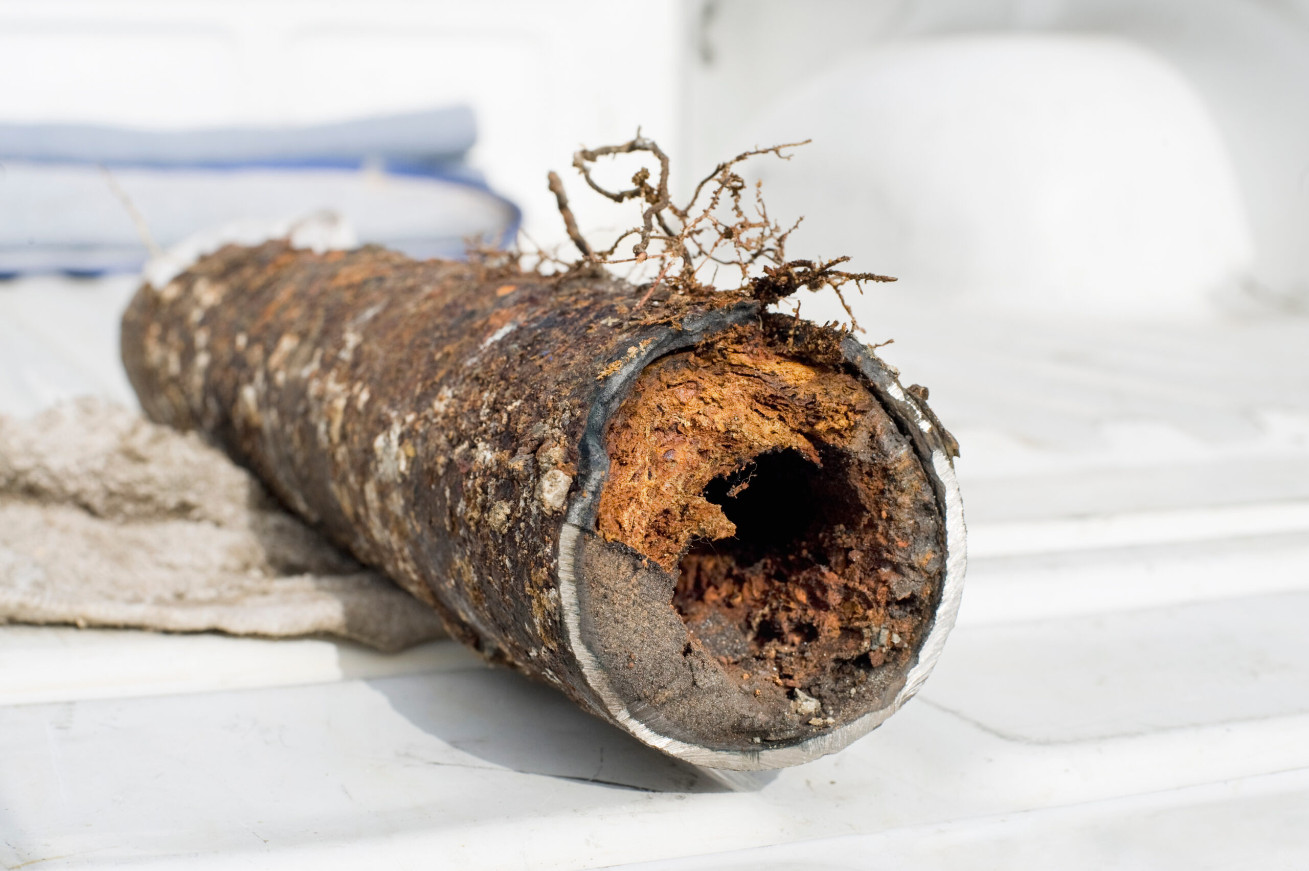 Clogged sewer pipe due to root growth.