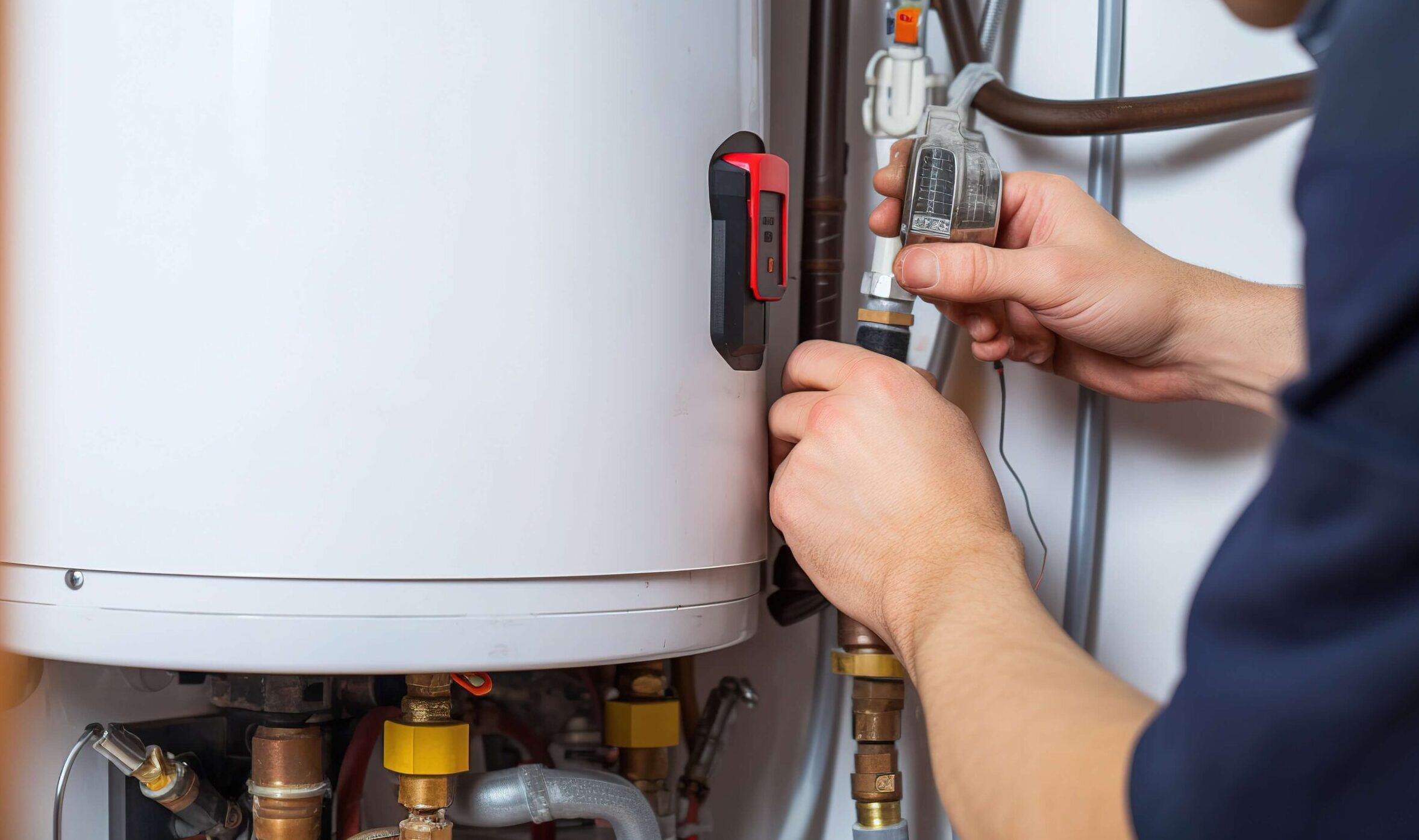 Technician tightening fittings and inspecting copper pipes on a water heater tank.