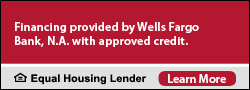 Financing banner: Wells Fargo financing with approved credit, plus an Equal Housing Lender badge and Learn More button.